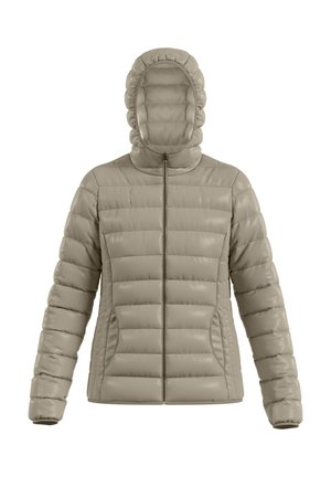 Beige gewatteerde jas met een capuchon, ritssluiting, zijzakken en een horizontaal vaak ontwerp voor extra isolatie. Gladde, glanzende stof.