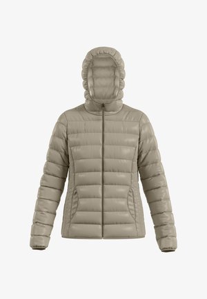 Beige gewatteerde jas met een capuchon, ritssluiting, zijzakken en een horizontaal vaak ontwerp voor extra isolatie. Gladde, glanzende stof.