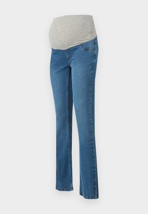 Graviditetsjeans med en grå, elastisk talje og blå denimstof. Har lige ben design og forlommer.