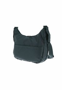 Borsa a tracolla in nylon verde scuro con design curvo, chiusura con zip, tracolla regolabile e una tasca esterna. Finitura liscia e strutturata.