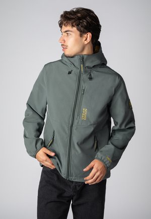 Green, zip-up jacket with a hood, featuring front and side pockets, designed with a matte finish and yellow text accents.