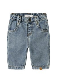 Shorts in denim azzurro chiaro con una fascia elastica in vita, design a cinque tasche, cuciture in vista e una piccola etichetta logo sul retro.