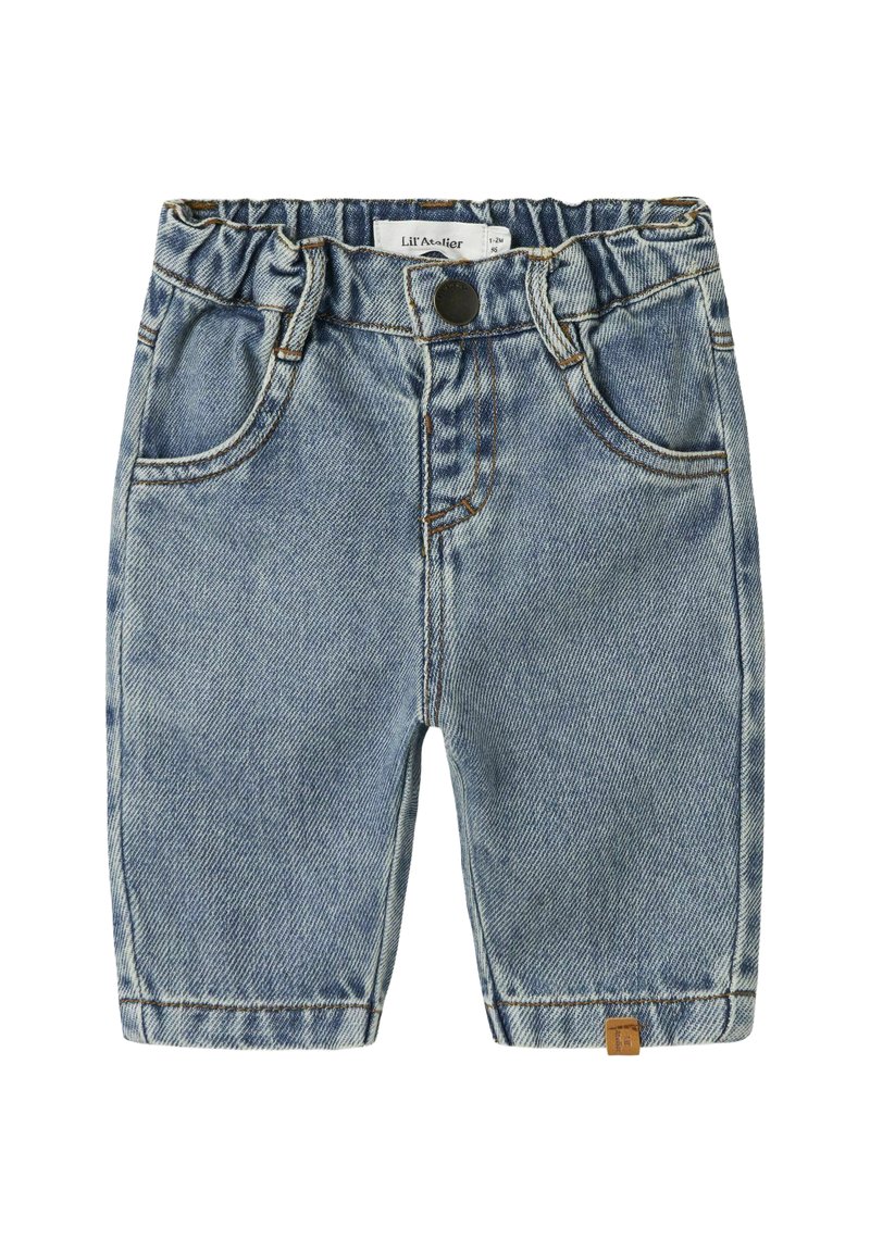 Shorts in denim azzurro chiaro con una fascia elastica in vita, design a cinque tasche, cuciture in vista e una piccola etichetta logo sul retro.