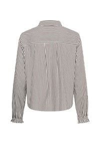 Chemise à manches longues avec rayures verticales noires et blanches, col et poignets froncés, vue de dos sur fond blanc.