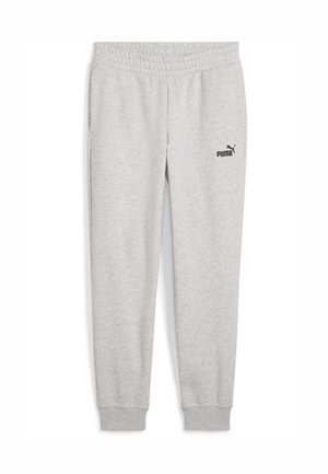 Grijze trainingsbroek van zacht materiaal met een elastische tailleband en boorden. Heeft een klein zwart Puma-logo op de linkerdij.