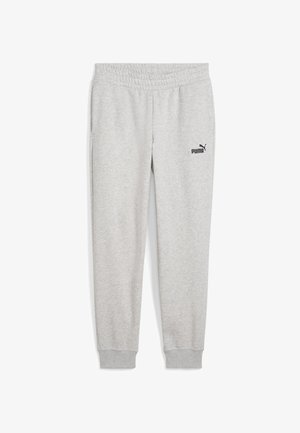 Grijze trainingsbroek van zacht materiaal met een elastische tailleband en boorden. Heeft een klein zwart Puma-logo op de linkerdij.