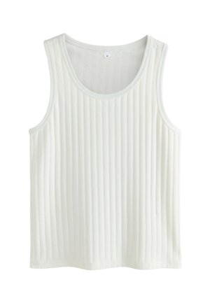 Hvid ribbet ærmeløs tanktop med rund halsudskæring og medium størrelse label bag på kraven.