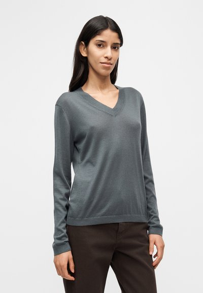Πουλόβερ με λαιμόκοψη V και μακριά μανίκια σε γκρι χρώμα, κατασκευασμένο από μαλακό ύφασμα με απαλή υφή. Εφαρμόζει στενά στο στήθος και έχει ελαφρώς χαλαρή γραμμή στη βάση.