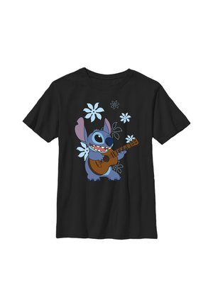 Zwart T-shirt met een blauw stripfiguurtje dat op een bruine gitaar speelt, omringd door lichtblauwe en witte tropische bloemen.