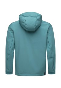 Teal-farbene Jacke mit Kapuze, aus glattem, leichtem Stoff gefertigt. verfügt über lange Ärmel und ein schlichtes, minimalistisches Design. Rückansicht angezeigt.