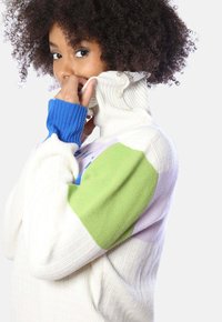 Grober Strickpullover mit Stehkragen, der in weißen, blauen, grünen und lila Blöcken gehalten ist. Rippbündchen und strukturierter Stoff mit Knöpfen am Kragen.