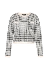 Rövidített pulóver fekete-fehér kockás mintával, textúrált anyagból készült. Hosszú ujjaival és kerek nyakkivágásával rendelkezik.