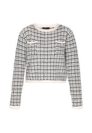 Rövidített pulóver fekete-fehér kockás mintával, textúrált anyagból készült. Hosszú ujjaival és kerek nyakkivágásával rendelkezik.