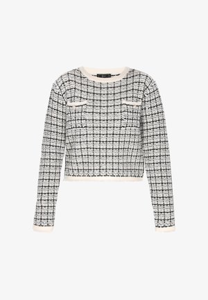 Rövidített pulóver fekete-fehér kockás mintával, textúrált anyagból készült. Hosszú ujjaival és kerek nyakkivágásával rendelkezik.