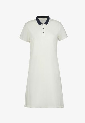 Robe polo en mélange de coton blanc avec un col marine. Comprend une patte de boutonnage à trois boutons et des manches courtes. Texture lisse, coupe évasée.