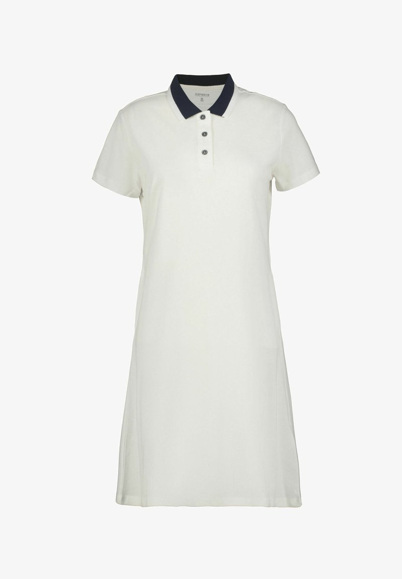 Vestido tipo polo en mezcla de algodón blanco con cuello azul marino. Presenta una tapeta con tres botones y mangas cortas. Textura lisa, corte en línea A.