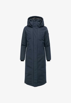 Pikk tumesinine pehme jope, millel on kapuuts, kaks lukuga taskut ja soonikkoes varrukad. Sile tekstuur ja sirge disain, sobib külma ilma jaoks.