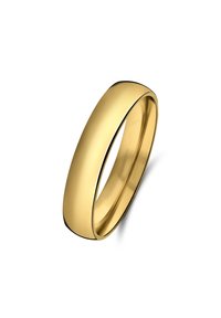 Gouden metalen ring, glad oppervlak, ronde vorm, licht verhoogd profiel, geen versieringen of patronen, gepolijste afwerking.