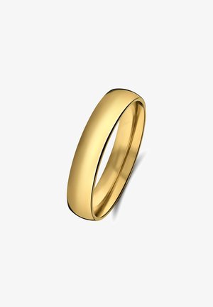 Gouden metalen ring, glad oppervlak, ronde vorm, licht verhoogd profiel, geen versieringen of patronen, gepolijste afwerking.