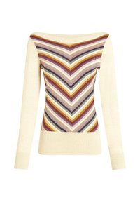 Strickpullover mit schulterfreiem Design in Creme mit mehrfarbigem Zickzackmuster in Lila-, Gold- und Grüntönen; lange Ärmel.