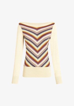 Maglione lavorato a maglia off-the-shoulder in crema con motivo a zigzag multicolore che presenta tonalità di viola, oro e verde; maniche lunghe.