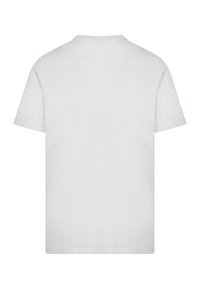 T-shirt en coton blanc à manches courtes et col rond. Texture lisse, design uni sans motifs ni accents, vue de dos.