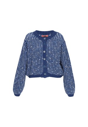 Marineblauwe gebreide cardigan met een stevige textuur, ronde halslijn, lange mouwen en zes knoopsluitingen aan de voorkant.
