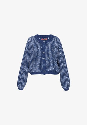 Cardigan lavorato a maglia blu navy con una trama spessa, scollo rotondo, maniche lunghe e sei bottoni sul davanti.