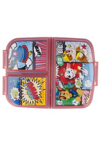 Rode plastic lunchbox met kleurrijke stripachtige ontwerpen van cartoonhonden, spraakbubbles en levendige patronen. Vier compartimentsecties.