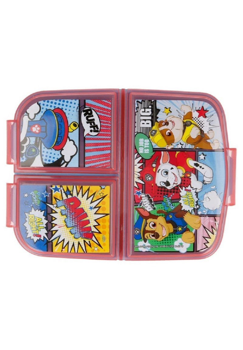 Rode plastic lunchbox met kleurrijke stripachtige ontwerpen van cartoonhonden, spraakbubbles en levendige patronen. Vier compartimentsecties.