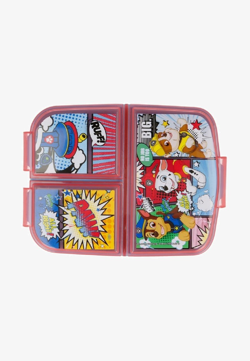 Rode plastic lunchbox met kleurrijke stripachtige ontwerpen van cartoonhonden, spraakbubbles en levendige patronen. Vier compartimentsecties.
