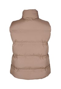 Gilet imbottito beige con colletto alto, caratterizzato da una trapuntatura orizzontale e una texture liscia e lucida. Nessun hardware o dettaglio visibile.