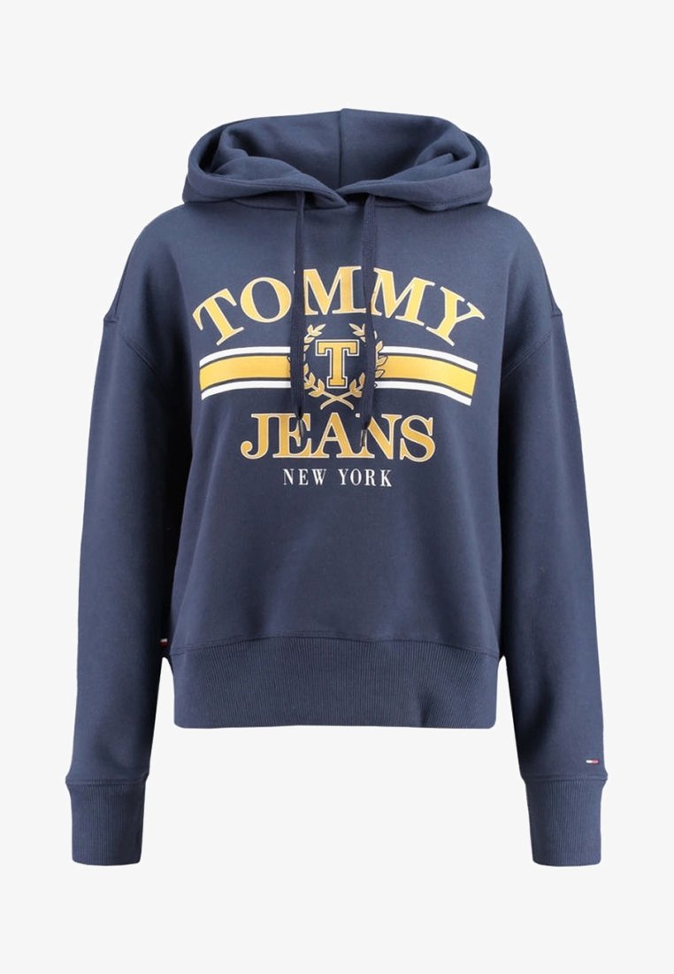 Navyblå kort hoodie i bomull med dragsko och gul text "TOMMY JEANS NEW YORK" samt en logografik i mitten.