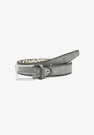 Gray leather belt with a smooth texture, featuring a silver metal buckle and a floral-patterned underside in subtle colors.