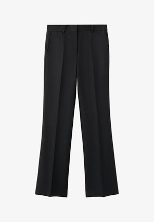 Pantaloni formali neri a gamba dritta con piega frontale, tasche laterali e passanti per cintura, mostrati su sfondo bianco.