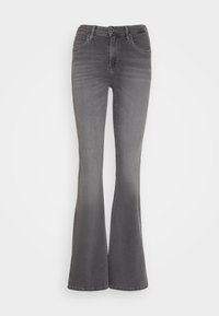 Vaqueros de campana en denim gris, con cintura ajustada, cinco bolsillos y costuras decorativas a lo largo de las costuras. Textura suave.