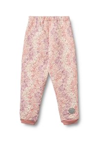 Quiltade rosa byxor med blommönster, elastisk midja och ribbade ankle cuffs. Har en rund, silverfärgad logomärke på sidan.