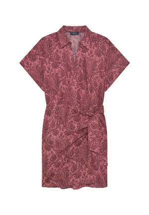 Vestito rosa a maniche corte con motivo paisley rosa scuro, bottoni sul davanti, colletto e cintura in tessuto coordinato in vita.