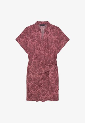 Short-sleeve pink dress with dark pink paisley pattern, button front, collar, and matching fabric belt at the waist.