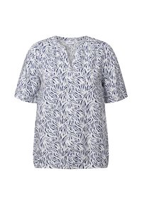 Top a maniche corte con scollatura a V, realizzato in tessuto leggero, con un motivo a foglie bianche e navy su tutta la superficie. L'orlo è dritto.