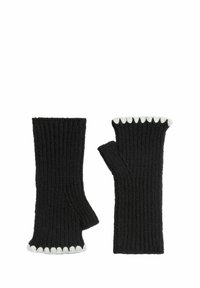 Mănuși negre fără degete, cu o textură ribbed, având margini albe crenelate. Realizate dintr-un material tricotat moale, care oferă o potrivire strânsă.