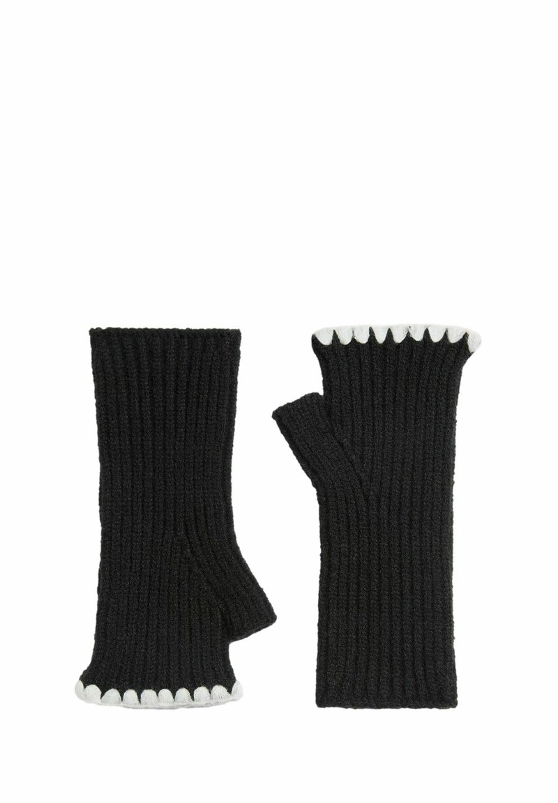 Mănuși negre fără degete, cu o textură ribbed, având margini albe crenelate. Realizate dintr-un material tricotat moale, care oferă o potrivire strânsă.
