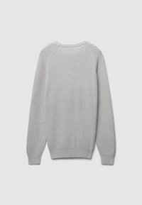 Grau gestrickter Pullover mit Rundhalsausschnitt, gerippten Bündchen und einem strukturierten Muster auf dem Rücken. Raglanärmel.