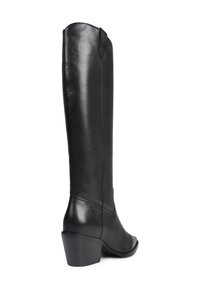 Tall black leather boot with a smooth finish, slightly pointed toe, and a stacked heel. Seam detailing adds structure to the design.