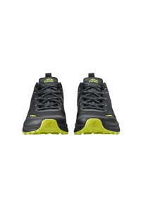 Black athletic shoes with a textured upper, featuring fluorescent yellow accents, a rugged sole, and reinforced toe cap. Laced design with pull tabs.