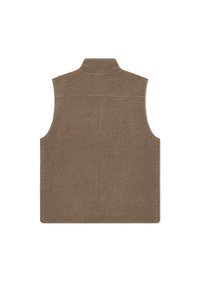 Brown fleece vest, sleeveless design, high collar with a soft texture, and straight cut. Features simple stitching and no visible hardware.
