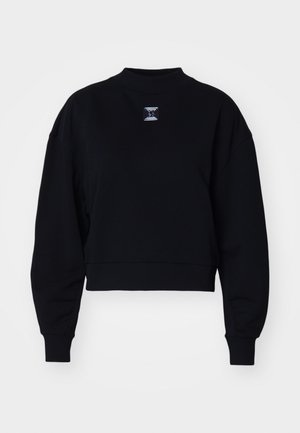 Black cropped sweatshirt with a high neck, oversized sleeves, and a small logo detail on the chest. Made from a soft, textured fabric.