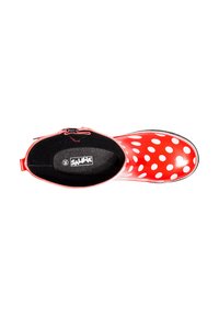 Red rubber ankle boot with white polka dots, featuring a black inner lining and a logo on the insole. Smooth texture and rounded shape.