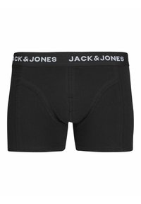 Schwarze Baumwoll-Boxershorts mit elastischem Bündchen, das mit dem weißen "JACK & JONES"-Logo versehen ist. Glatte Textur, taillierte Passform und ohne Muster.