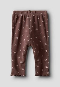 Brązowe prążkowane spodnie z kwiecistym wzorem, elastycznym pasem i falbaniastym dołem. Posiadają małe różowe i białe kwiaty na teksturowanym tle.